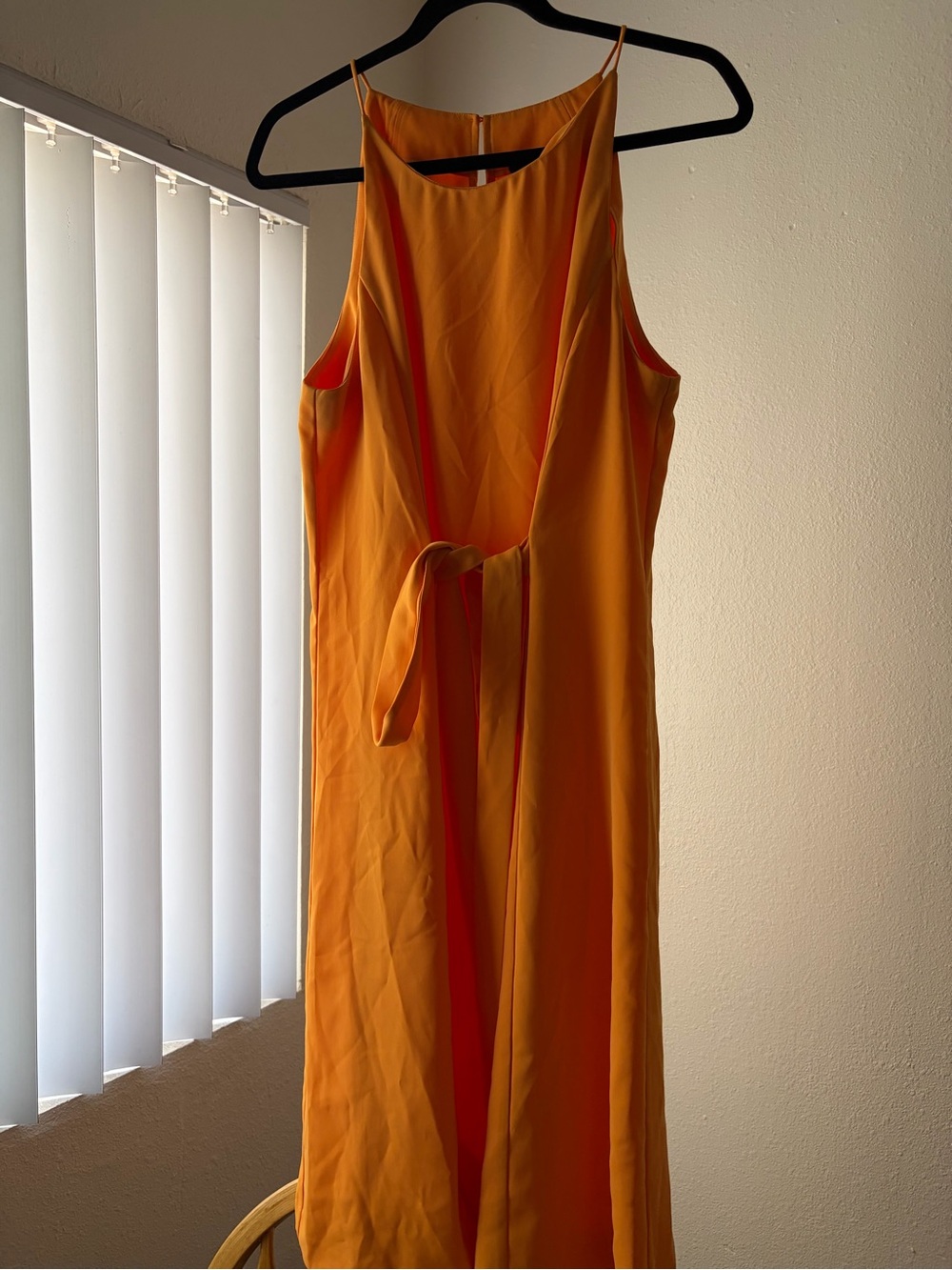 Ann Taylor Sleeveless Midi Dress in Vibrant Orange Yellow with Waist Tie
